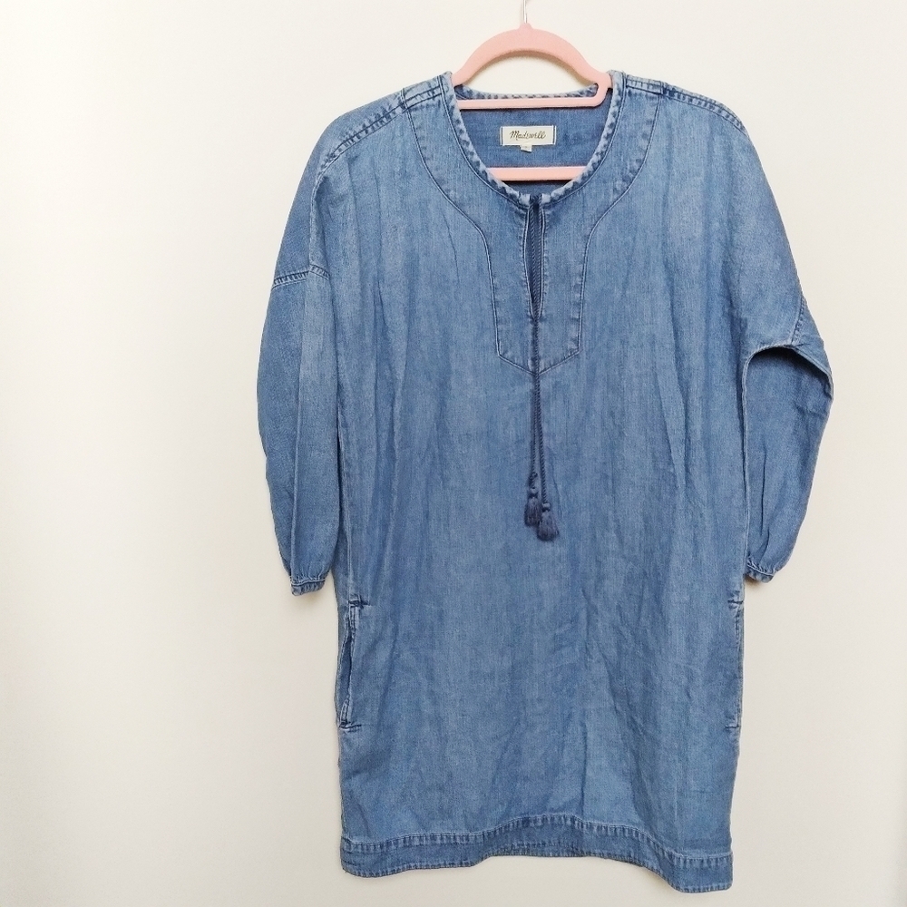Madewell Chambray Denim Artiste Tunic Dress with Tassel Tie Neck Size Small